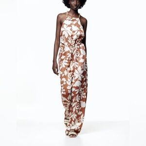 Zara nwt floral printed boho halter satin effect wide leg jumpsuit with chain